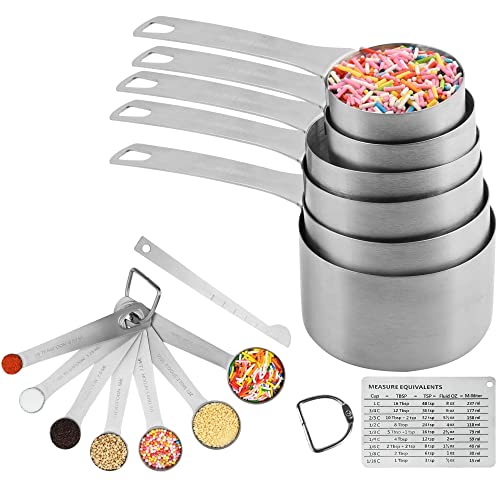 Measuring Cups and Spoons Set, 18/8 Stainless Steel Measuring Cups and Spoons Set, Metric & US 6 Measure Cup & 7 Measure Spoon with Leveler and Measure Equivalents for Kitchen & Baking