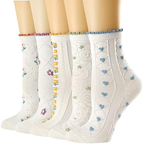 Women's Ruffle Socks, Cute Novelty Socks Cotton Crew Socks 5 Pairs