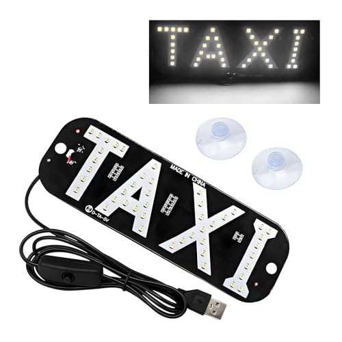 Fkewp Taxi LED Sign Decor, 5V Bright Taxi LED Signal Light USB Charging Lamp with Suction Cups, Taxi Sign Indicator Light Flashing Hook on Car Window Windshield for Driver (White)