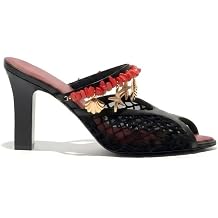 Women's Beaded Peep Toe Mules Mesh Chunky Block Heel Sandals | Mesh peep toe mules with ocean-inspired beads and a 3.5-inch chunky heel for parties, dinners, vacations, and events.