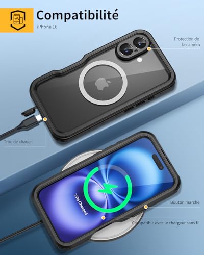 Coque iPhone 16 étanche noire haute résistance antichoc intégrale - 6