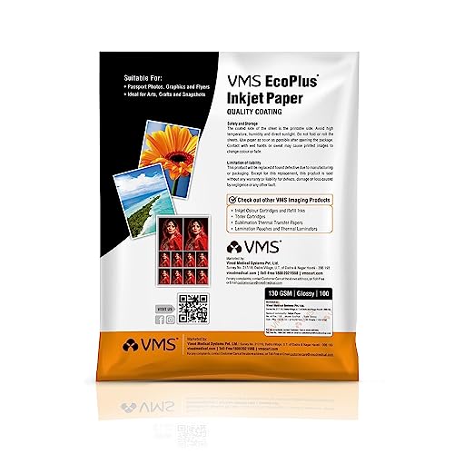 Image of VMS EcoPlus 130 GSM A4 Glossy Photo Paper - Water Resistant, Pack of 10 x 100 sheets, Compatible with all Inkjet Printers