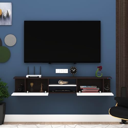 Image of Anikaa Nimbus Wall Mount TV Unit Cabinet | Modern Entertainment Center with Storage, Drawers, Shelves & Soft-Close Doors | Stylish Floating TV Stand for Up to 50 inch TVs - Wenge /White (DIY Installation)