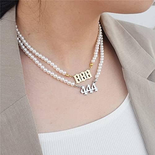 Angel Number Necklaces for Women,18K Gold Plated Pearl 111 222 333 444 555 777 888 999 000Pendant Lucky Number Choker Jewelry Dainty Pendants Choker for Girls (222)