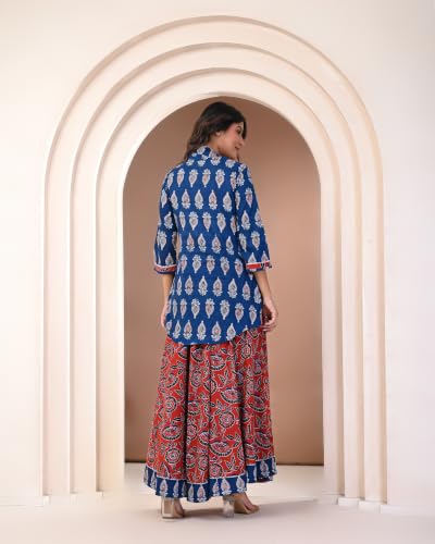 Image of KANNAHI Women Pure Cotton Blue and Rust Ethnic Motif Ajrakh Handblock Printed Kurta Set