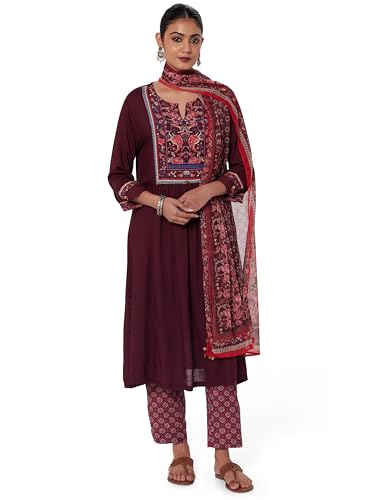 Image of BIBA Women Rayon Viscose Gathered Solid Suit Set