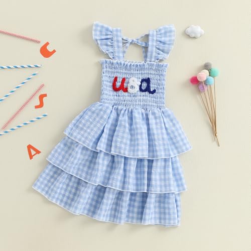 Kayotuas 4th of July Toddler Girl Outfit Smocked USA Dress Sleeveless Tie Strap Fouth of July Dresses Kids Patriotic Clothes4