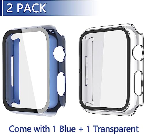 Image of Misxi 2 Pack Hard PC Case with Tempered Glass Screen Protector Compatible with Apple Watch SE 3 (2025) SE 2 SE Series 6 Series 5 Series 4 40mm, 1 Blue + 1 Transparent