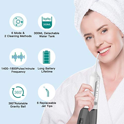 Water Flosser for Teeth, Professional Cordless Dental Oral Irrigator with 300ML Water Tank, 6 Mode, 6 Jet Tips, Portable and Rechargeable Waterproof Water Floosers For Home and Travel - Thumbnail 6