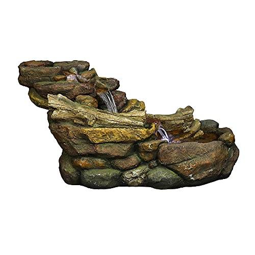 Image of SunJet Cascading Outdoor Rock Water Fountain with LED Lights - 39 inch L x 15 inch W x 19 inch H Creek Waterfall Feature for Home Garden, Yard, Patio, Deck Decor - Soothing Tranquility Floor-Standing Fountains