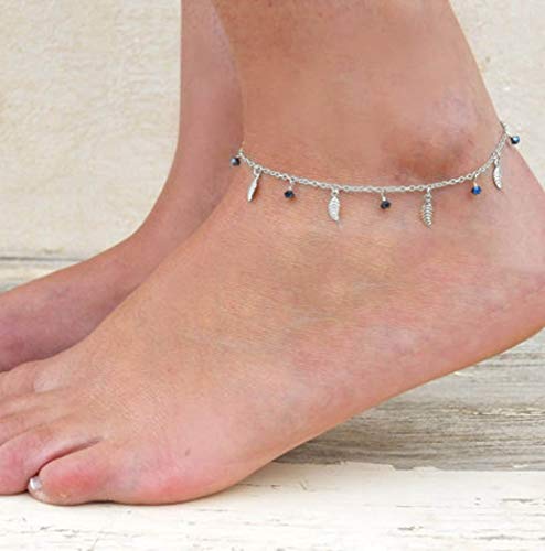 Preisvergleich Produktbild Jovono Blue Boho Perlen Fußkettchen Blattquasten Fußkettchen Armbänder Mode Strand Fußschmuck mit Herz für Frauen und Mädchen (Silber)