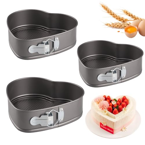Velicber 3 Stück Springform Herz, 20/22/24cm Backform Herz Antihaftbeschichtet, Auslaufsichere Kuchenform mit Flachboden, aus Carbonstahl, für Kuchen Backen,...
