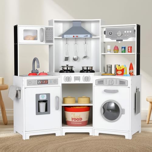 Arlopu Corner Kids Play Kitchen, Range Hood w/Light & Sound, Interactive Kitchenette, Wooden Pretend Playset Toy, w/Realistic Washer, Ice Maker, Stove, Cutting Board, Girls Ages 3+ (White)
