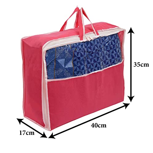 Image of Heart Home Multiuses Non-Woven Clothes Storage Bag /Wardrobe Organizer /Saree Cover With Top Tranasparent Window (Pink)