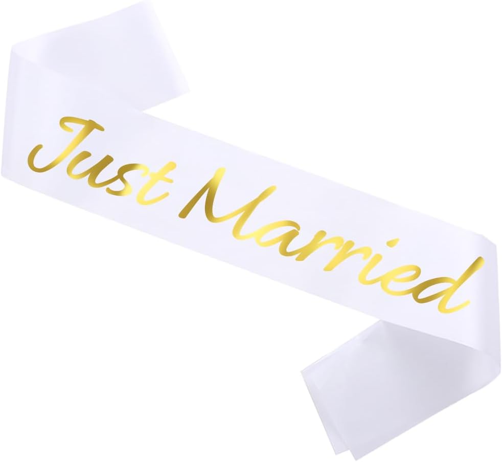 Just Married Sash with Gold Letters, Bachelorette Party Sash Bride to Be, Bridal Shower Hen Favours Accessories, Engagement Proposal, Bachelorette, Wedding Favors Accessories just Marrier white sash (White)