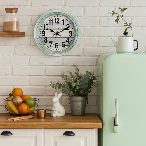 ZENFUN 12'' Rustic Wall Clock, Silent Non Ticking Clock Quartz Wall Clock Battery Operated, Country Style Wall Decoration for Kitchen Living Room Home, Office, School, Large Numbers, Green - Image 6