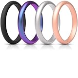 ThunderFit Anillos de boda delgados y apilables para mujer, de silicona, 2,5 mm de ancho, 2 mm de grosor, 7.5 - 8 (18.2mm), Galaxia, Negro, Oro Rosa, Plata