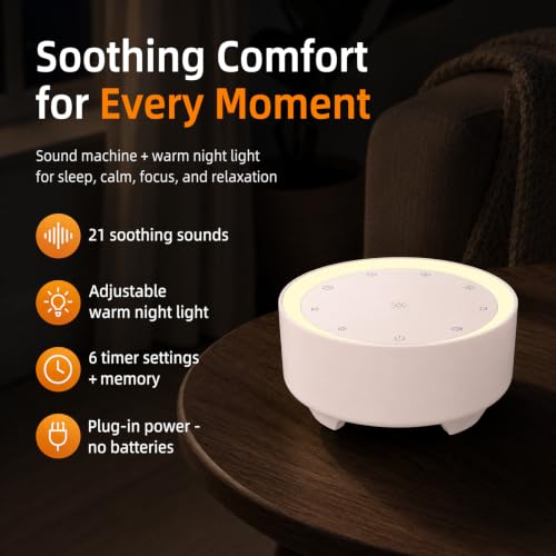 Image of Kipcush White Noise Machine for Sleeping, Baby & Adults, High-Fidelity Non-Looping Sounds, Sleep Sound Machine with Dimmable Night Light, USB Powered, Memory Function, Home, Nursery & Travel
