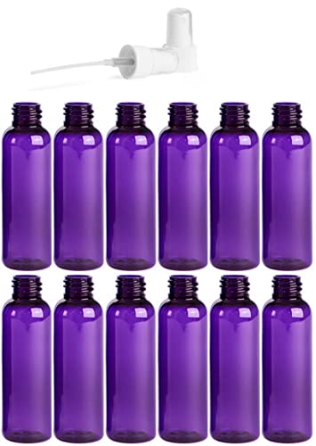 2 Ounce Cosmo Round Bottles, PET Plastic Empty Fillable BPA-Free, with White Ribbed Fine Mist Pump Spray Caps (Pack of 12) (Purple)