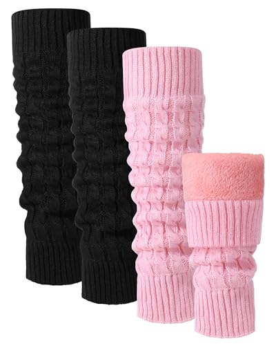 Shihanee 2 pares de calentadores de piernas con forro polar para mujer, cálidos y largos, calentadores de pantorrilla gruesos para patinar y caminar, Negro,Pink, about 15.7 inches x 4.5 inches in