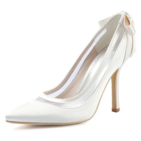 Elegantpark HC1806 Wedding Bridal Shoes Women Pointed Toe Wedding Heels for Bride Stiletto High Heels Bow Satin Court Shoes Ivory UK 7(EU 40) Cover
