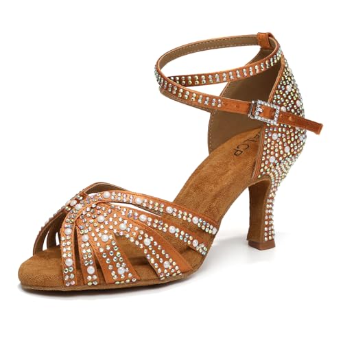 Women Rhinestones Ballroom Dance Shoes Latin Salsa Bachata Practice Performance Dancer Dancing Shoes, Model QRX-L506-7.5