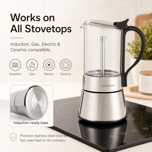 Image of Mixpresso 9 Cup Greca Moka Pot, Glass Stovetop Espresso Maker | 550ml /18oz Italian stovetop coffee maker with classic percolator design, ideal for preparing coffee at home or while camping
