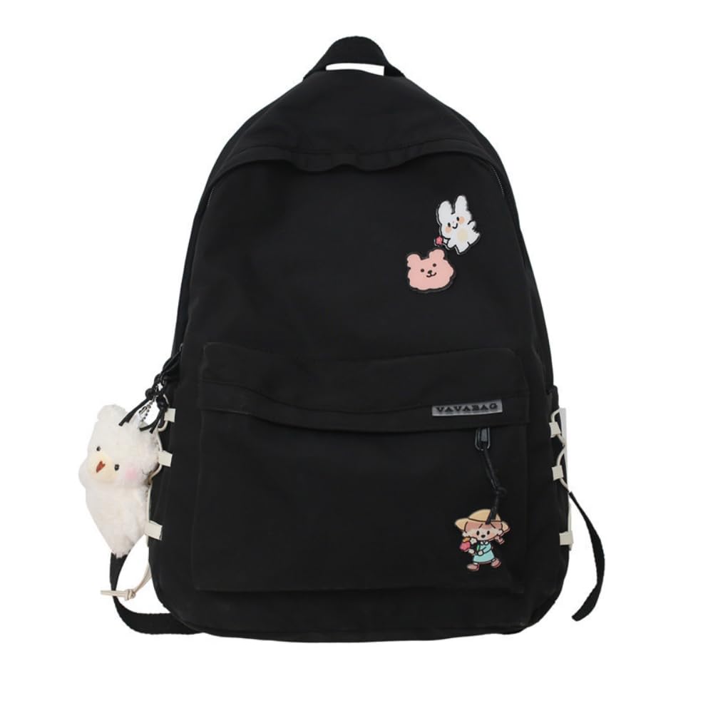 Kawaii Backpack with Cute Accessories Aesthetic 15.6 Inch Laptop Backpack Pin Plush Pendant (Black,Single Backpack)
