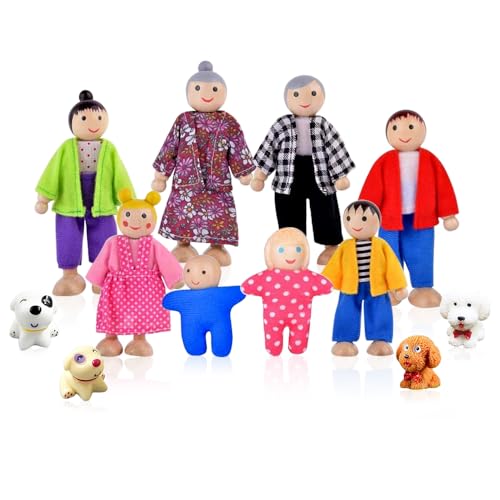 Riisoyu Família de bonecas de madeira, conjunto de figuras de mini simulação bonecas acessórios de casa familiares de desenhos animados presente brinquedos para crianças