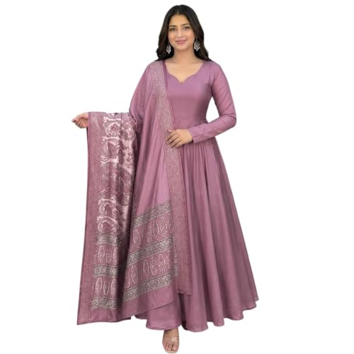 Image of Women's Ethnic Anarkali Kurta Set | Premium Vichitra Silk Gown with Printed Mayura Silk Kalamkari Dupatta Brown