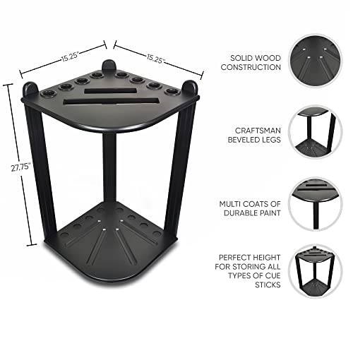 Billiards Xpress Pool Cue Rack - Pool Stick Holder Corner Rack With 16 Ball Holders & 6 Pack Of Chalk - Rubber Circle Pads To Prevent Damage - Compact Billiard Table Accessories For Man Cave (Black) #TOP2
