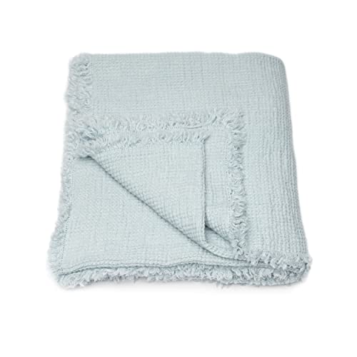 LinenMe Ice Blue Linen Throw with Fringes Washed Waffle, 61 x 79