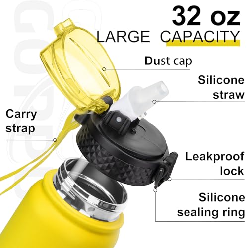 GOPPUS 1L/32oz Stainless Water Bottle with Straw Double Wall Insulated Bottles with Strap Reusable Vacuum Thermal Flask Leakproof Keep Cold Drinks Bottles with Flip Top Lid for Gym Men Women BPA Free - Image 3