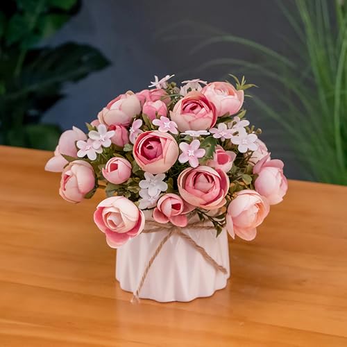 Hbluefat Fake Flowers in Vase, Small Artificial Silk Flowers with