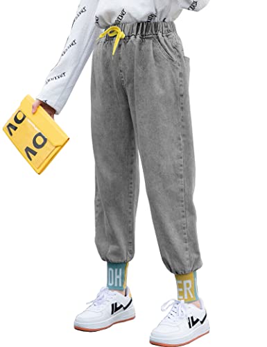 Kiench Girls Straight Jeans Distressed Ripped Hole Denim Pants Elastic Waist Pockets