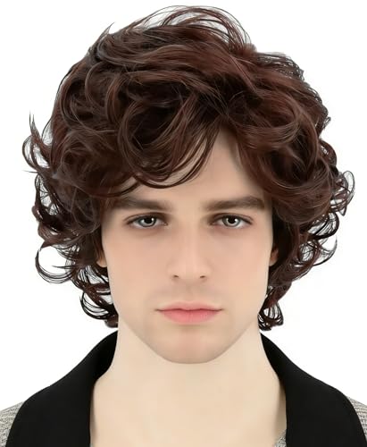 Topcosplay Brown Wigs for Men Short Curly Fluffy Cosplay Halloween Character Costume Wig Layered