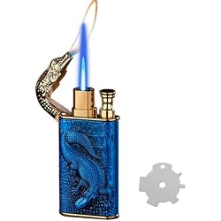 Torch Lighter,Relief Crocodile Magic Dual Flame Lighter with Adjusting Flame Tool,Creative Windproof Jet Torch Butane Lighters, Refillable Butane Lighters Gifts for Outdoor Indoor(Blue)