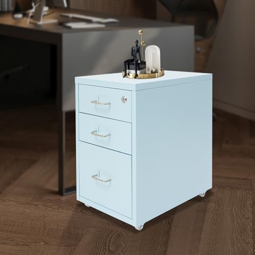 Cajonera con ruedas con 3 cajones, armario de metal, armario móvil debajo del escritorio, archivador con cerradura con 1 llave, armario bajo para oficina en casa, oficina, 28 x 41 x 48 cm (azul) - imagen 4
