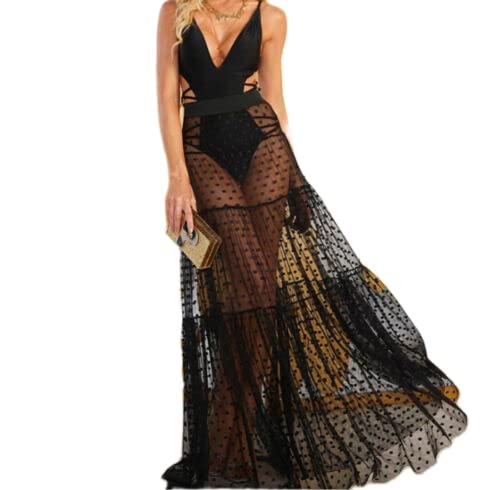 Axiamoncha Damen, lässig, sexy, modisch, lang, einfarbig, hohe Taille, Mesh, Wellen, Punkte, elastisch, Partykleid, Sommerkleid, Mini Bikini Cover Up, Schwarz , XL Cover