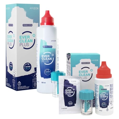 Avizor EVER Clean PLUS - Liquido per la Pulizia e Disinfezione delle Lenti a Contatto - Confezione Bottiglia da 225 ml + 30 Compresse e Bottiglia da 60 ml + 8 Compresse - Kit da Viaggio