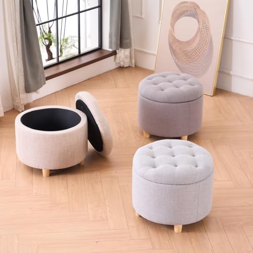 LEITING Round Large Storage Ottoman Toy Chair Seat Foot Stool Footstool Footrest Pouffe Upholstered with Linen Fabric Cover (Beige) - Image 7