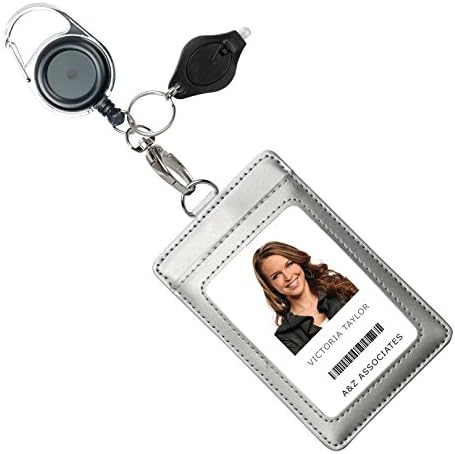 Genuine Leather ID Badge Holder Wallet with Heavy Duty Carabiner Retractable Reel, Key Ring and Metal Clip, 3 Card Pockets. Holds Multiple Cards & Keys. Bonus Key Chain Flashlight. Vertical. Silver.