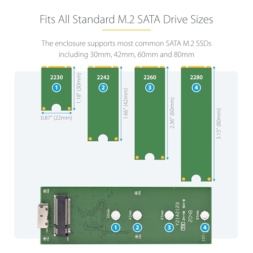 Image of StarTech M.2 SATA SSD Enclosure, USB 3.1 10Gbps, Aluminum (SM21BMU31C3) | For USB-C host, Cable included, USB 3.1 Gen 2, 30 to 80mm, SATA I /II /III, Ventilation, Aluminum