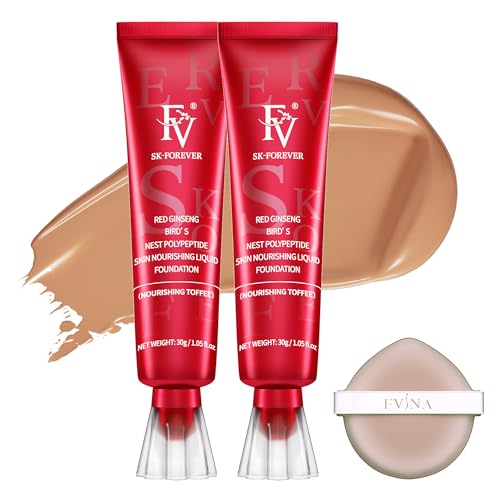 FV 2 PCS Flüssige Foundation, Pflegende & Langanhaltende Foundation mit Mittlerer Deckkraft und Natürlichem Finish für Trockene Haut/Mischhaut, Wasserfester & leichte Textur, 30g, Nourishing Toffee