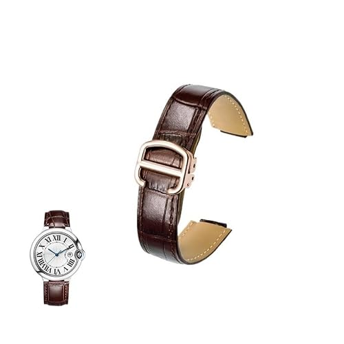 LOSUNLEN Convex Genuine Leather Watchband For Cartier Ballon Bleu Watch Straps With Folding Buckles(Brownr,14-22mm)