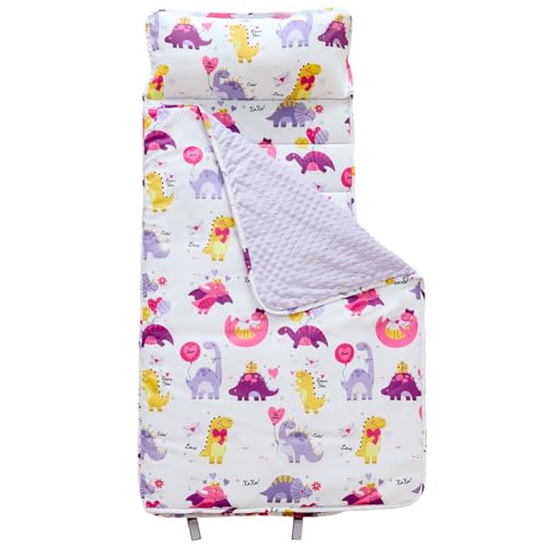 JUNCAI Toddler Nap Mat with Removable Pillow and Plush Blanket, Roll Up Napping Mats for Kids Ages 3-6 Years, Kid Sleeping Bag for Preschool Daycare Travel Camping, 53