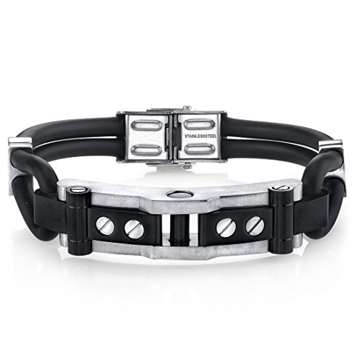 Peora Men's Stainless Steel And Dual Black Silicon Bracelet, Sleek Link Design, 8.25 Inches #TOP19