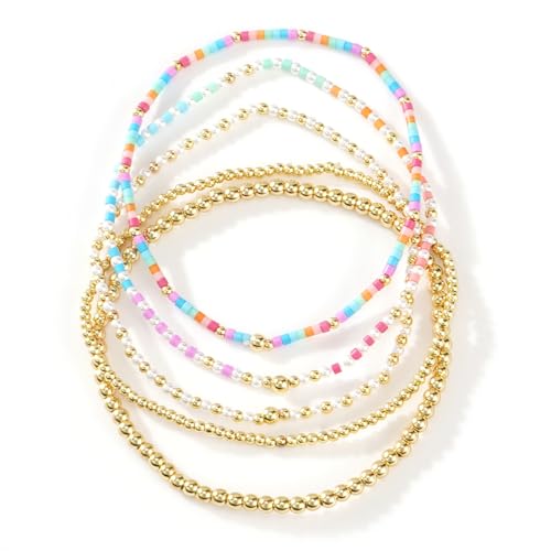 SHINUS BOHO 14K Gold Plated Blue Pink Beaded Bracelets Stack Set for Women Stretch Stackable Cute Bohemian Colorful Fun Beads Ball Jewelry Friendship Summer Trendy