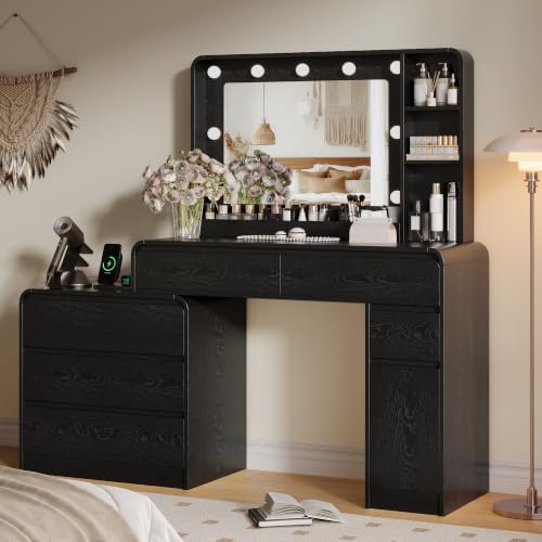 Image of 60.2 inch Makeup Vanity Desk with Charging Station, Black Makeup Dressing Table with Mirror & Lights, 3 Lighting Modes Adjustable Brightness, Vanity Table with Power Outlet and 6 Drawers