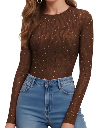 Image of MANGOPOP Womens Bodysuit Long Sleeve Crew Neck Body suit for Women Ribbed Bodysuits Shirts